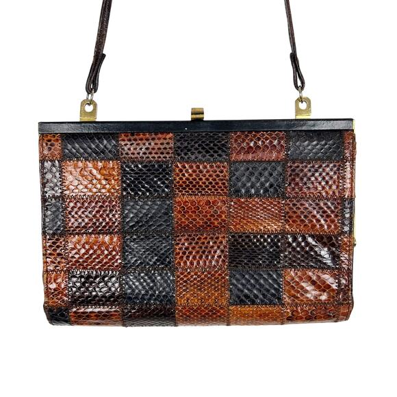 Vintage Saks Fifth Avenue Brown Patchwork Snakeskin Handbag Rectangle Crossbody - Picture 1 of 12